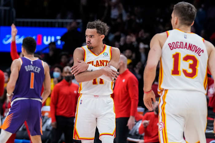 Trae Young celebrates after a made shot.